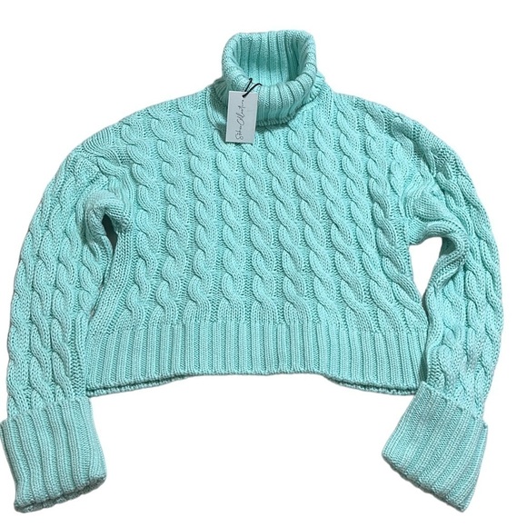Sokie Collective Cable Turtleneck Crop Sweater Mint Size Medium Wool Blend NWT - Picture 5 of 10